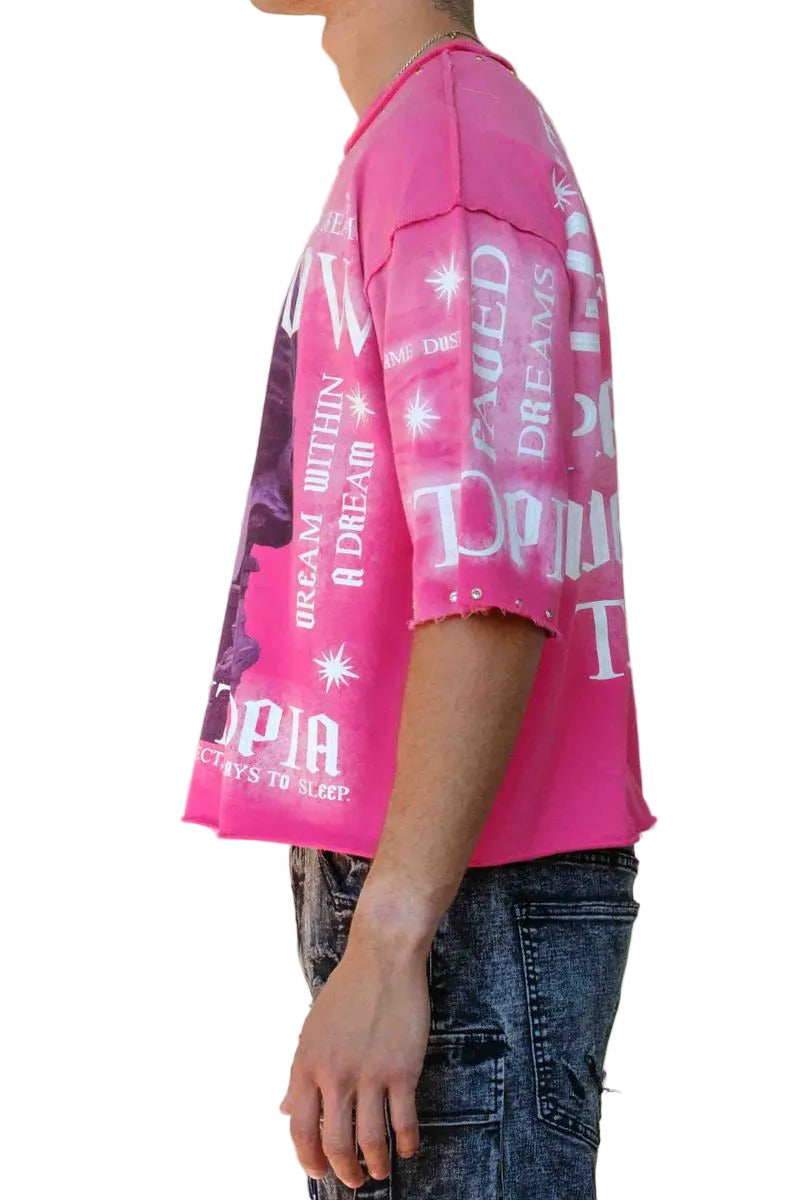 First Row FR Cropped Tee in pink mini terry fabric with rubber welding and stud detailing, raw edge hem, and ribbed neck