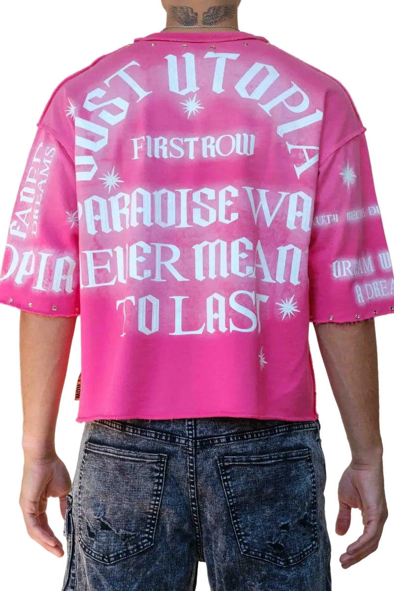 First Row FR Cropped Tee in pink mini terry fabric with rubber welding and stud detailing, raw edge hem, and ribbed neck