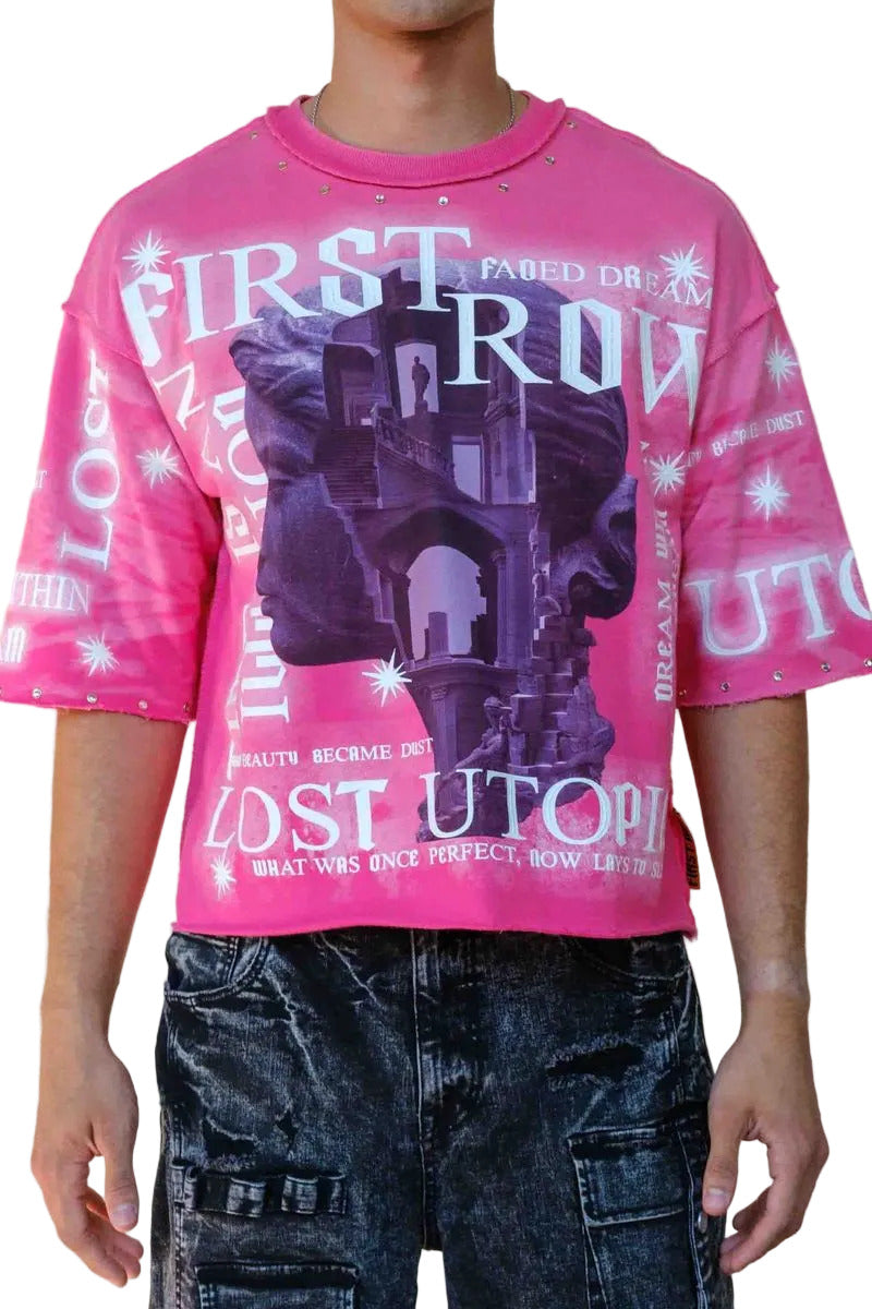 First Row FR Cropped Tee in pink mini terry fabric with rubber welding and stud detailing, raw edge hem, and ribbed neck
