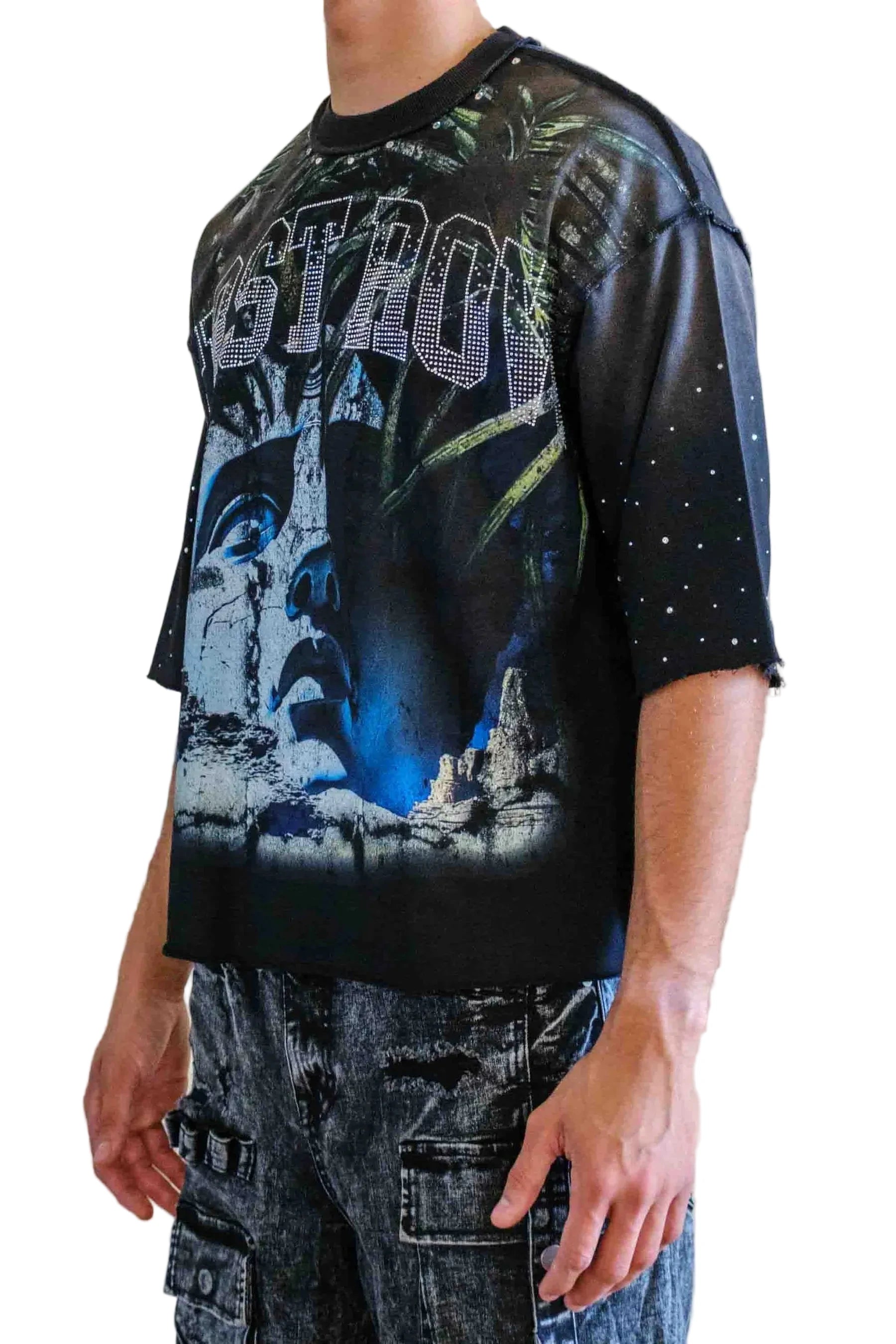 First Row FR Lost Utopia Myth black cropped mini terry tee with rhinestone detailing, raw edge hem, and ribbed neck