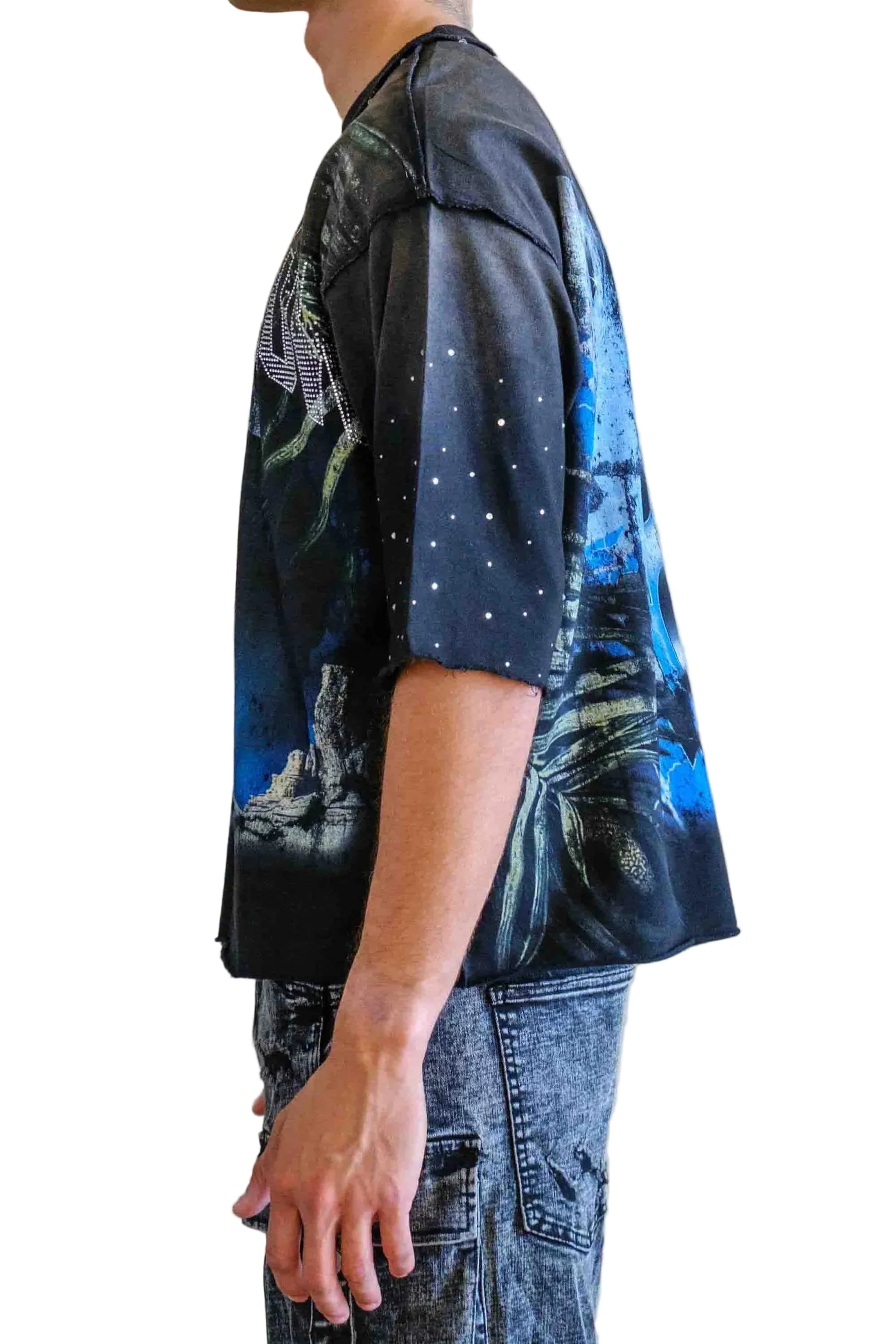 First Row FR Lost Utopia Myth black cropped mini terry tee with rhinestone detailing, raw edge hem, and ribbed neck
