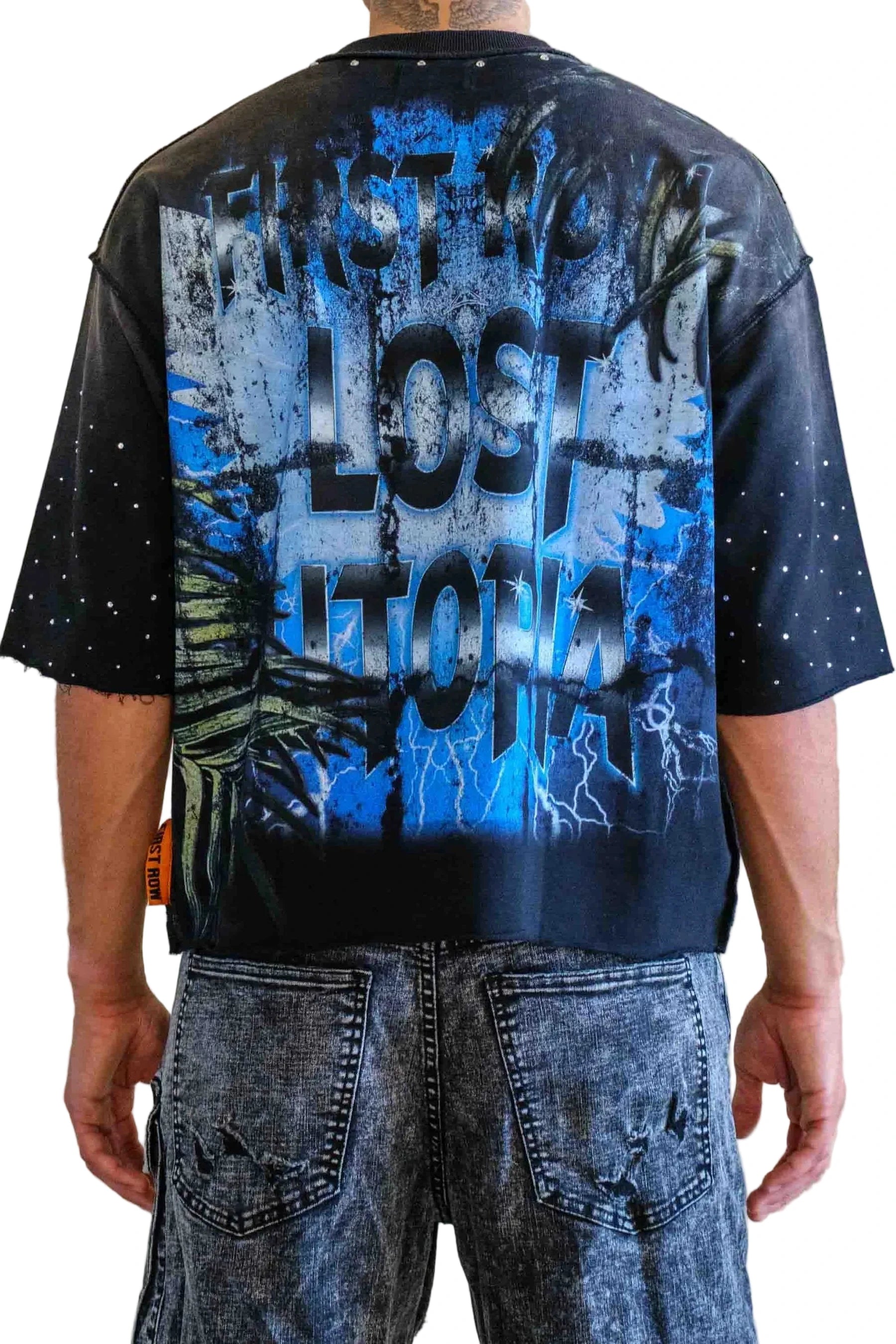 First Row FR Lost Utopia Myth black cropped mini terry tee with rhinestone detailing, raw edge hem, and ribbed neck