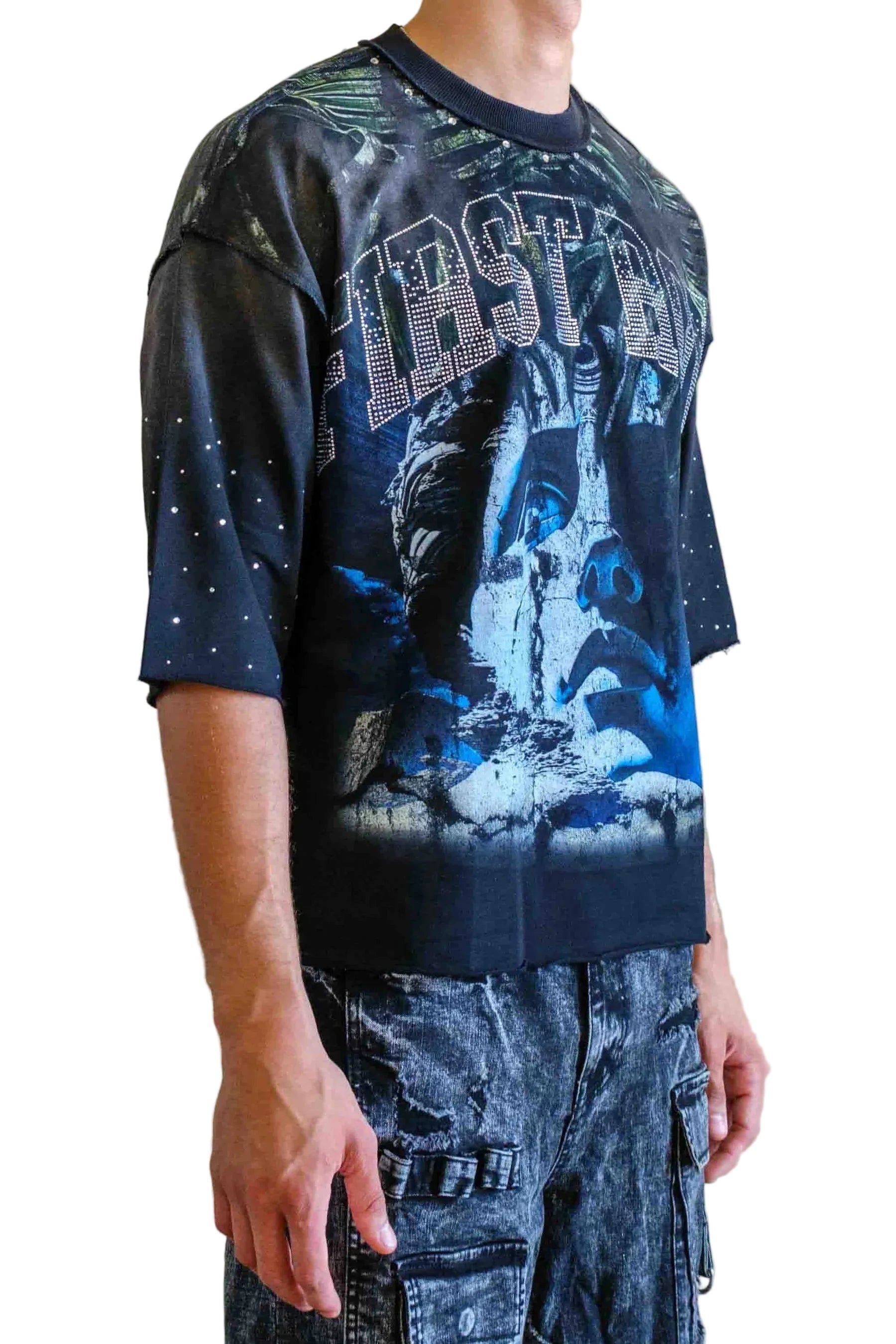 First Row FR Lost Utopia Myth black cropped mini terry tee with rhinestone detailing, raw edge hem, and ribbed neck