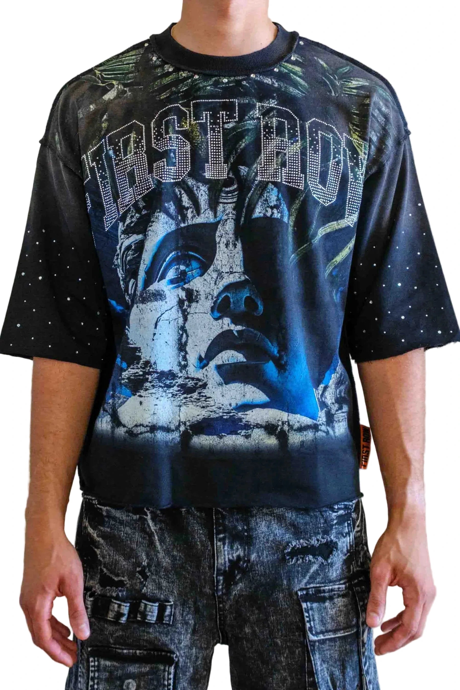 First Row FR Lost Utopia Myth black cropped mini terry tee with rhinestone detailing, raw edge hem, and ribbed neck