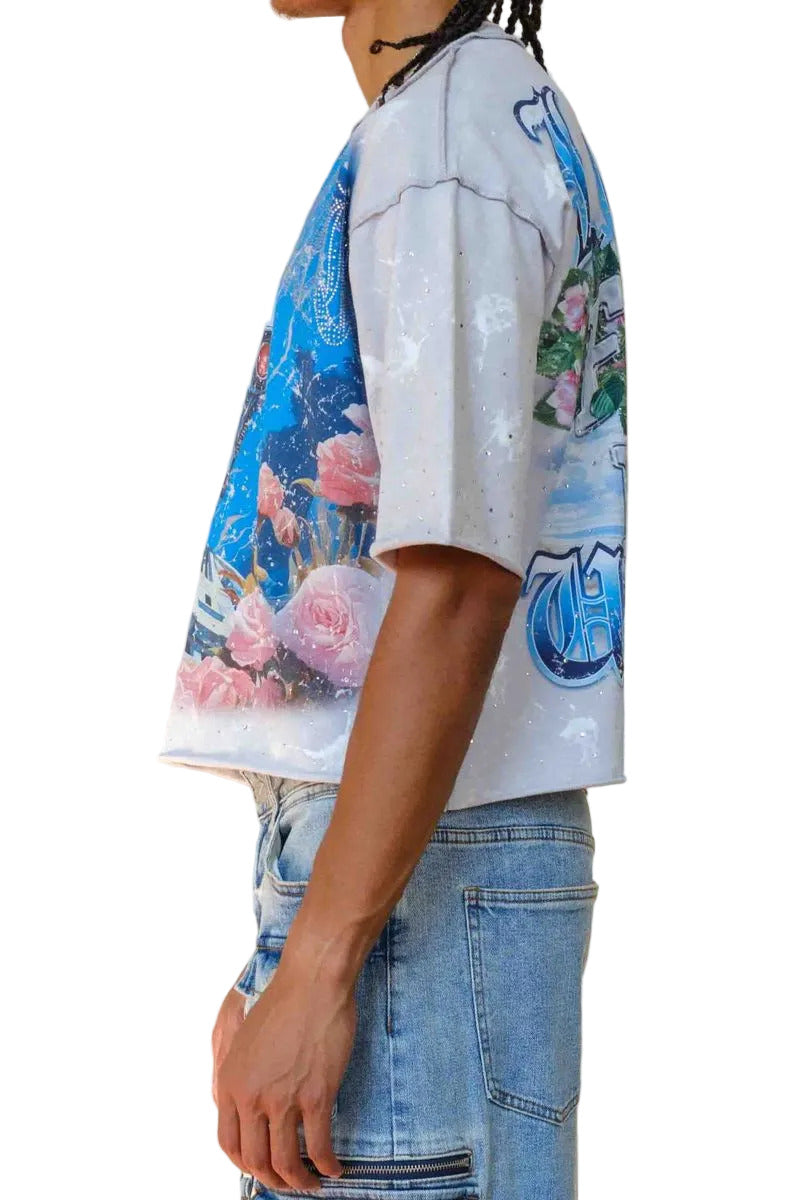 First Row FR Vow Sublime Light black washed crop hoodie with rhinestone detailing, drawstring hood, and front kangaroo pocket