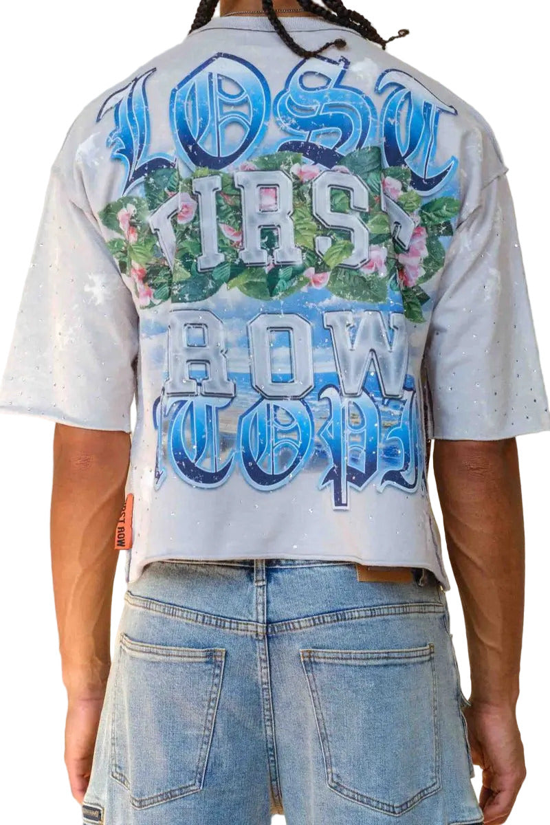 First Row FR Vow Sublime Light black washed crop hoodie with rhinestone detailing, drawstring hood, and front kangaroo pocket