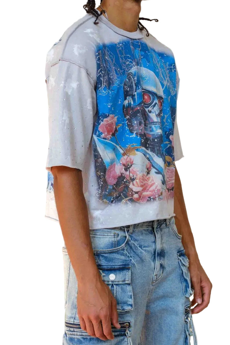 First Row FR Vow Sublime Light black washed crop hoodie with rhinestone detailing, drawstring hood, and front kangaroo pocket