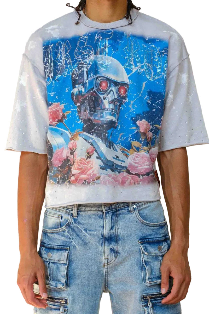 First Row FR Vow Sublime Light black washed crop hoodie with rhinestone detailing, drawstring hood, and front kangaroo pocket