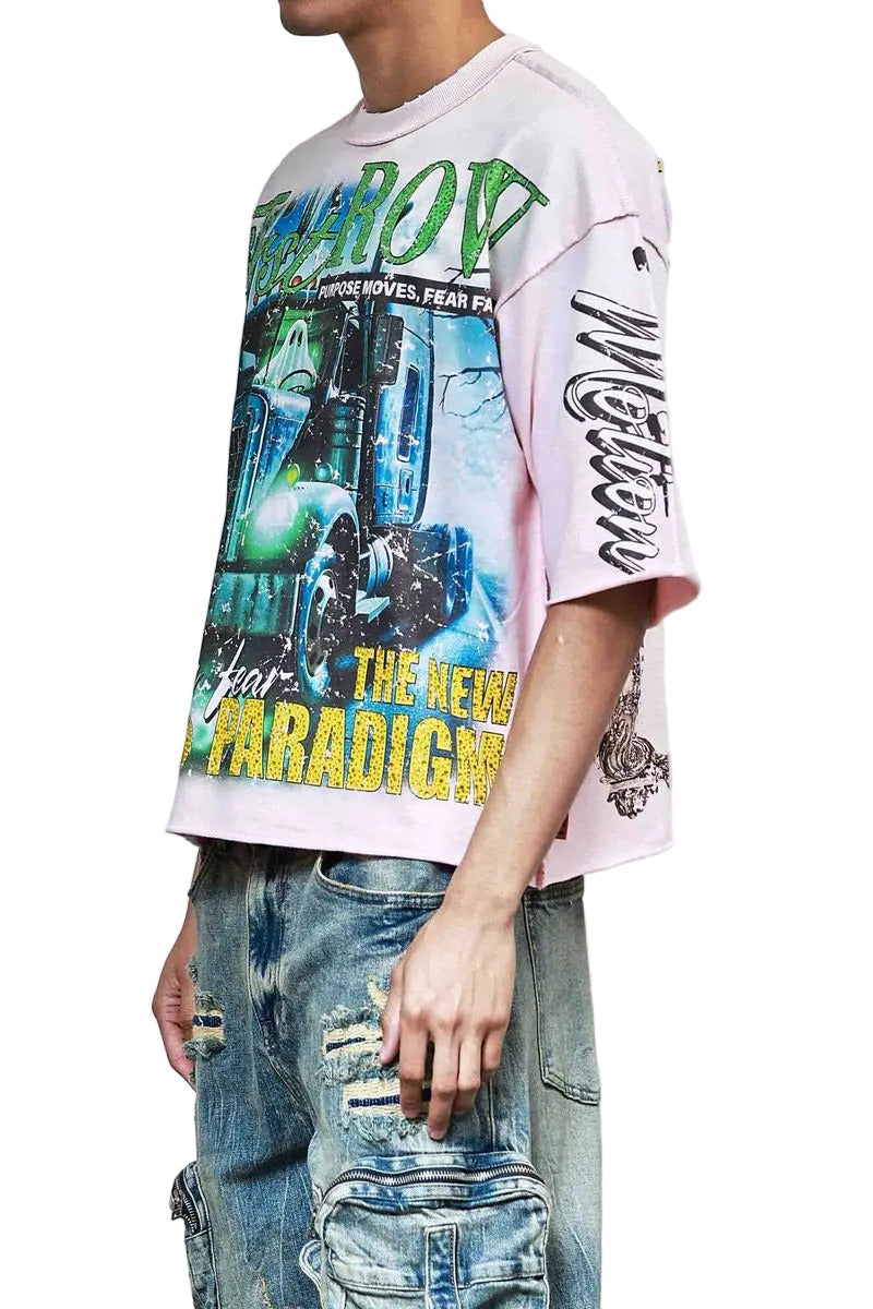 FR Cropped Tee in light pink mini terry fabric with rhinestone detailing, raw-edge hem, and ribbed neck