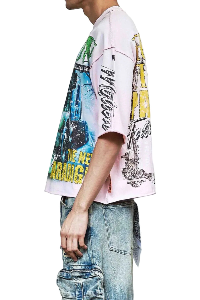 FR Cropped Tee in light pink mini terry fabric with rhinestone detailing, raw-edge hem, and ribbed neck