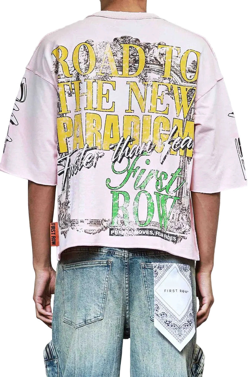 FR Cropped Tee in light pink mini terry fabric with rhinestone detailing, raw-edge hem, and ribbed neck