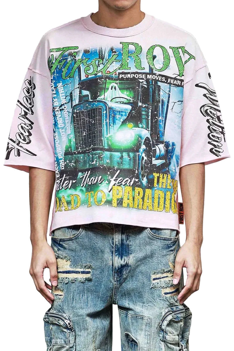 FR Cropped Tee in light pink mini terry fabric with rhinestone detailing, raw-edge hem, and ribbed neck