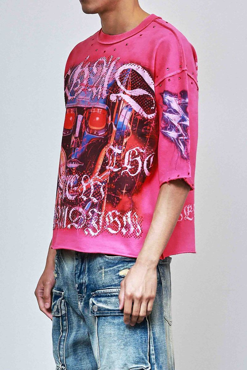 First Row New Paradigm Electric Rush 3/4 sleeve cropped tee with rhinestone detailing, raw-edge hem, and ribbed neck