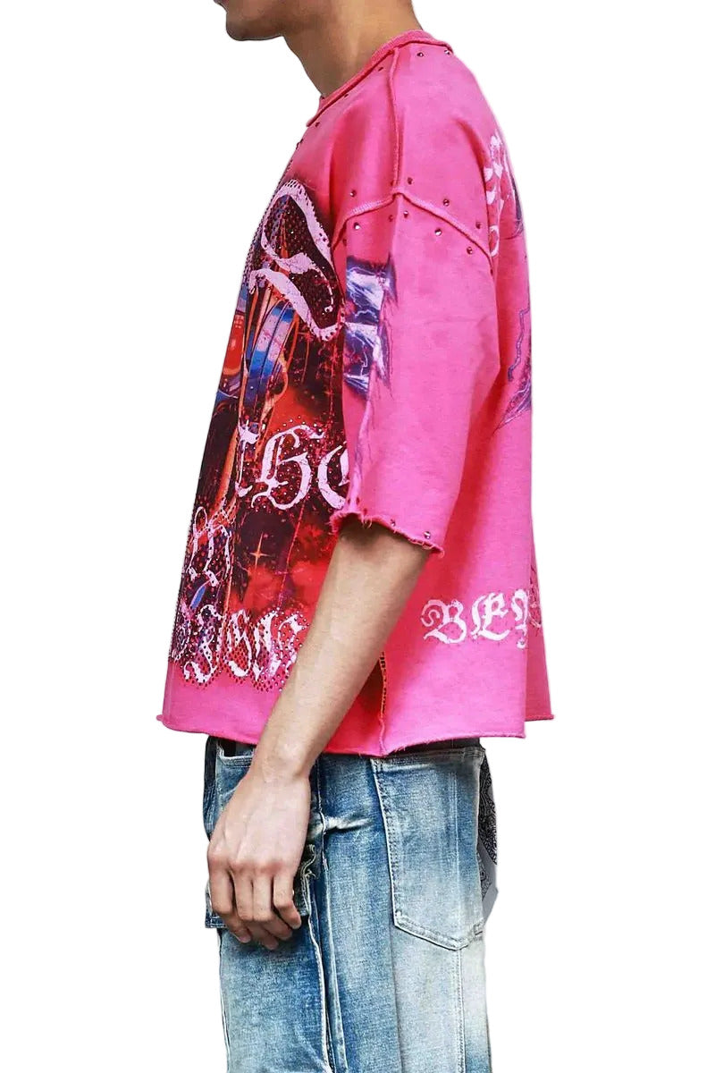 First Row New Paradigm Electric Rush 3/4 sleeve cropped tee with rhinestone detailing, raw-edge hem, and ribbed neck
