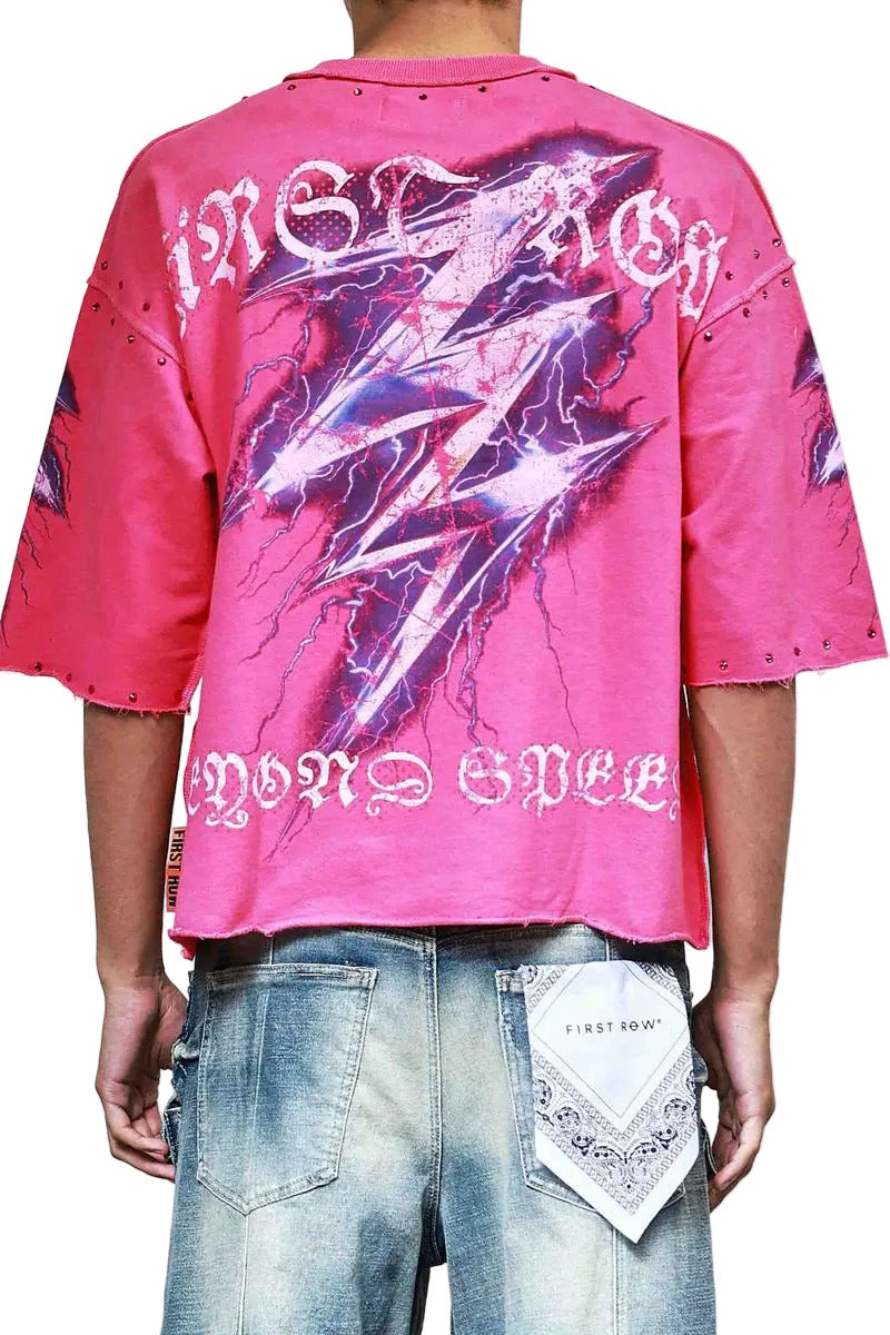 First Row New Paradigm Electric Rush 3/4 sleeve cropped tee with rhinestone detailing, raw-edge hem, and ribbed neck