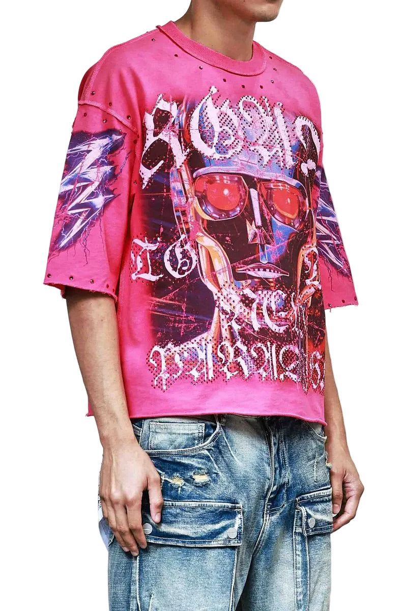 First Row New Paradigm Electric Rush 3/4 sleeve cropped tee with rhinestone detailing, raw-edge hem, and ribbed neck