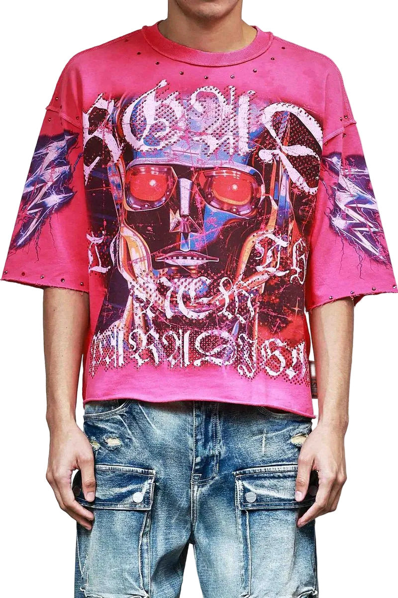 First Row New Paradigm Electric Rush 3/4 sleeve cropped tee with rhinestone detailing, raw-edge hem, and ribbed neck
