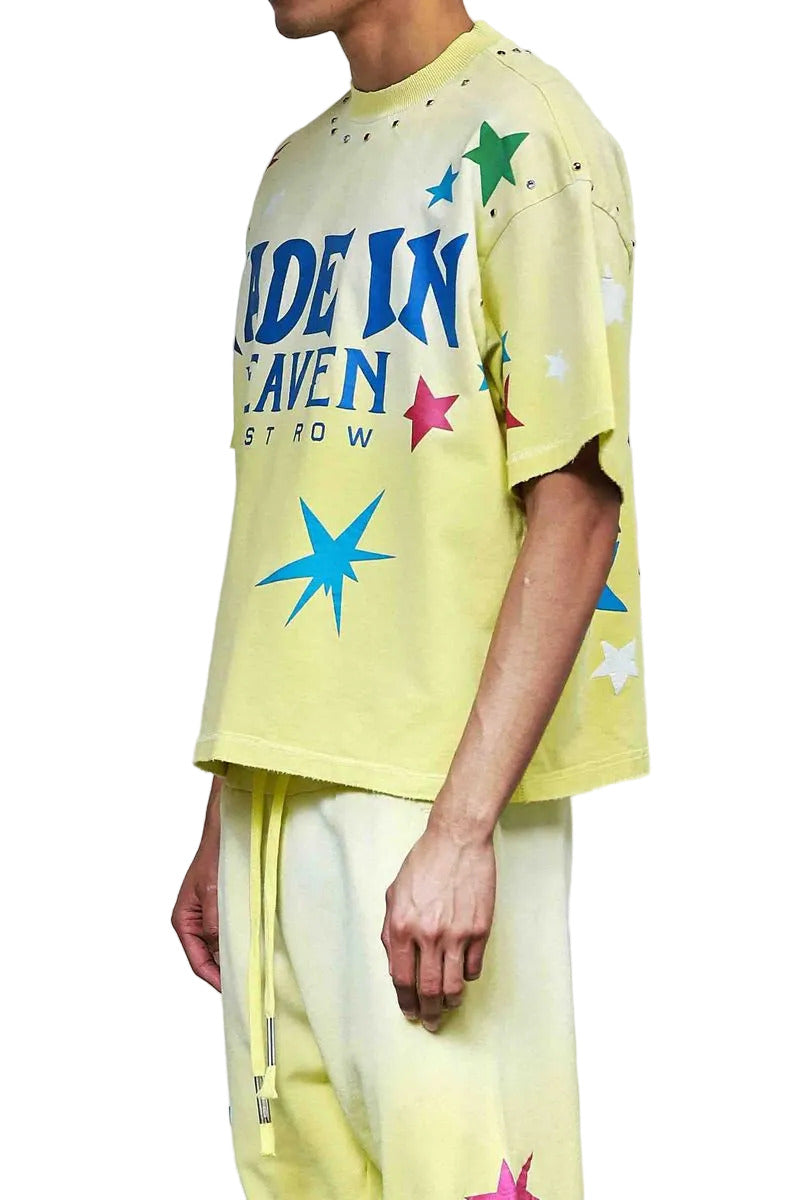 First Row Made In Heaven Konpeito short-sleeve terry cropped tee with jewel stud detailing, subtle distressed hem, and ribbed neck