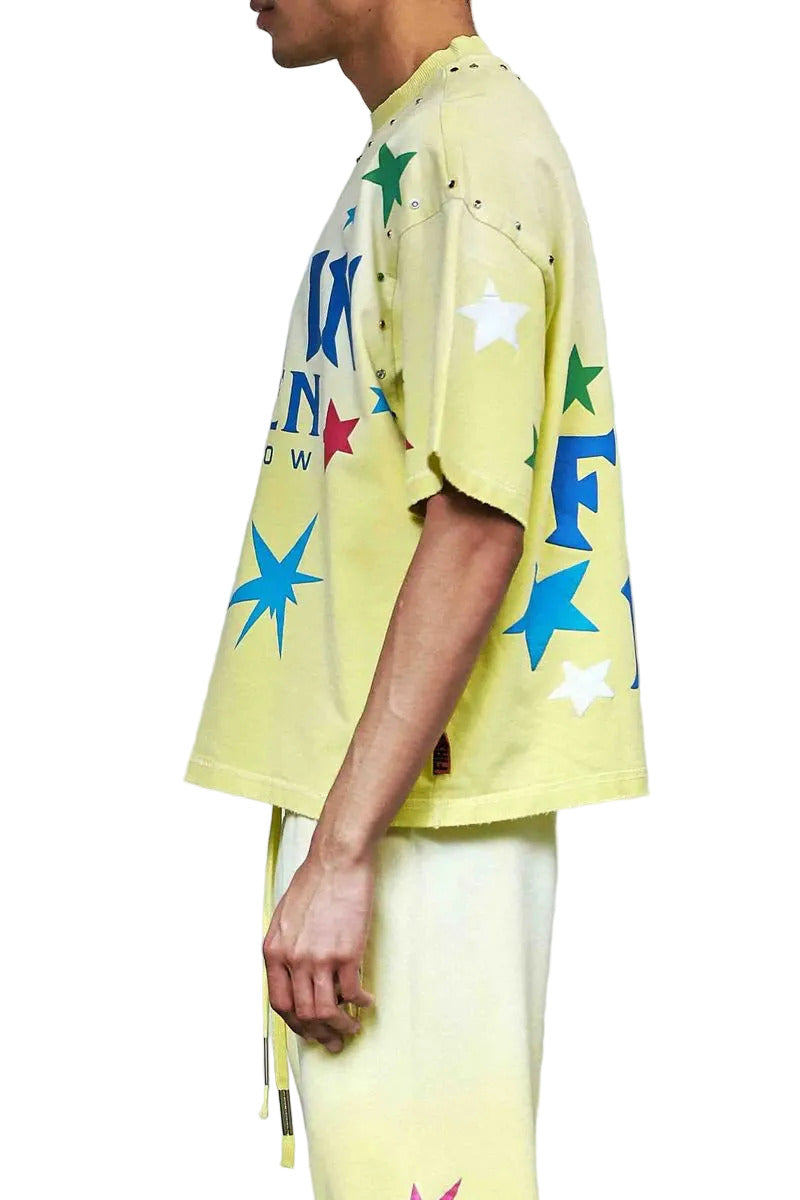 First Row Made In Heaven Konpeito short-sleeve terry cropped tee with jewel stud detailing, subtle distressed hem, and ribbed neck