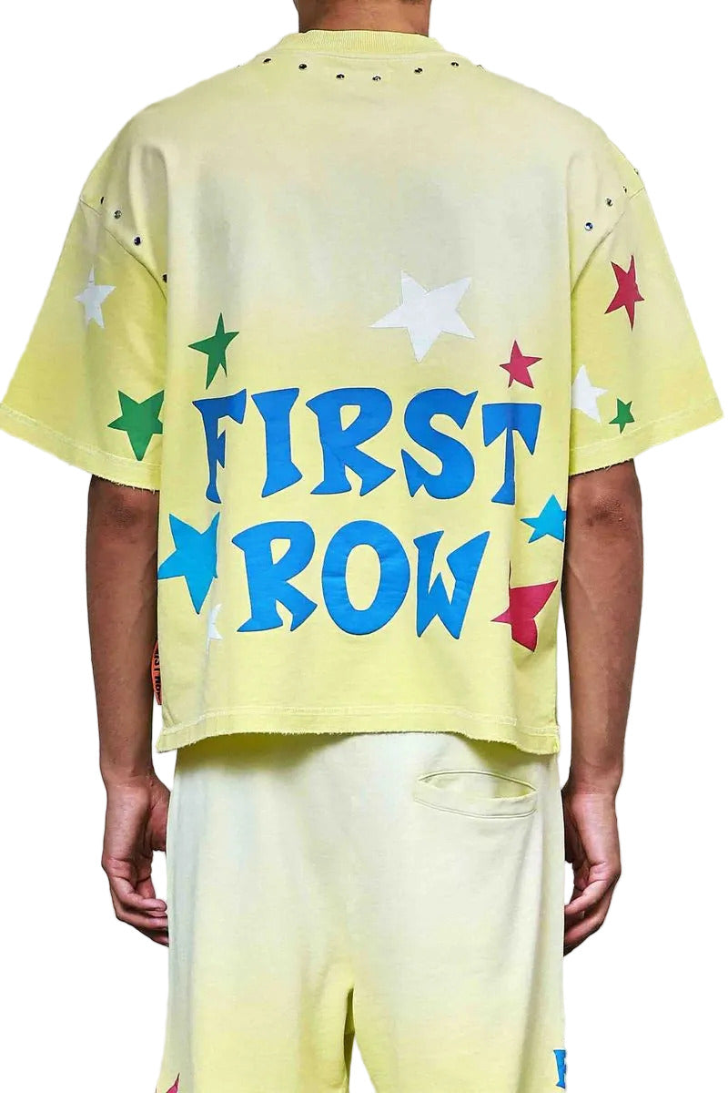First Row Made In Heaven Konpeito short-sleeve terry cropped tee with jewel stud detailing, subtle distressed hem, and ribbed neck