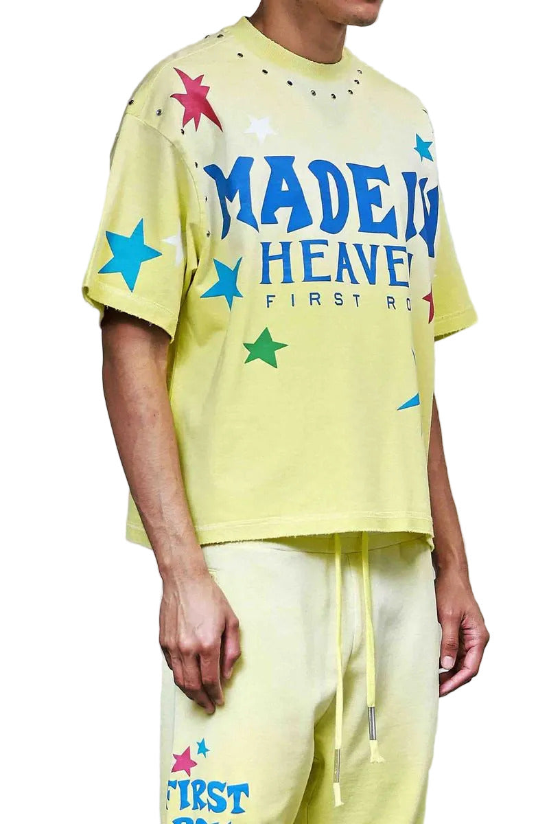 First Row Made In Heaven Konpeito short-sleeve terry cropped tee with jewel stud detailing, subtle distressed hem, and ribbed neck