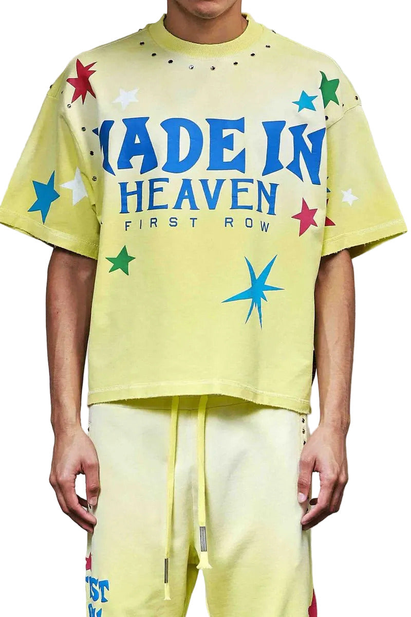 First Row Made In Heaven Konpeito short-sleeve terry cropped tee with jewel stud detailing, subtle distressed hem, and ribbed neck