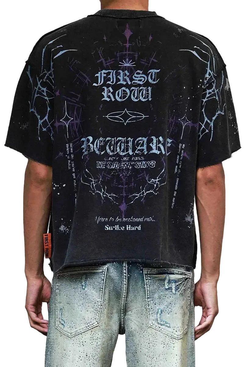 First Row 3/4 sleeve mini terry crop T-shirt with rhinestone and paint details, raw-edge hem, and ribbed neckline