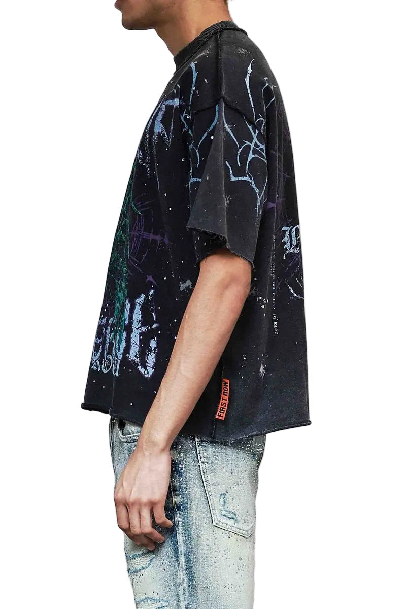 First Row 3/4 sleeve mini terry crop T-shirt with rhinestone and paint details, raw-edge hem, and ribbed neckline