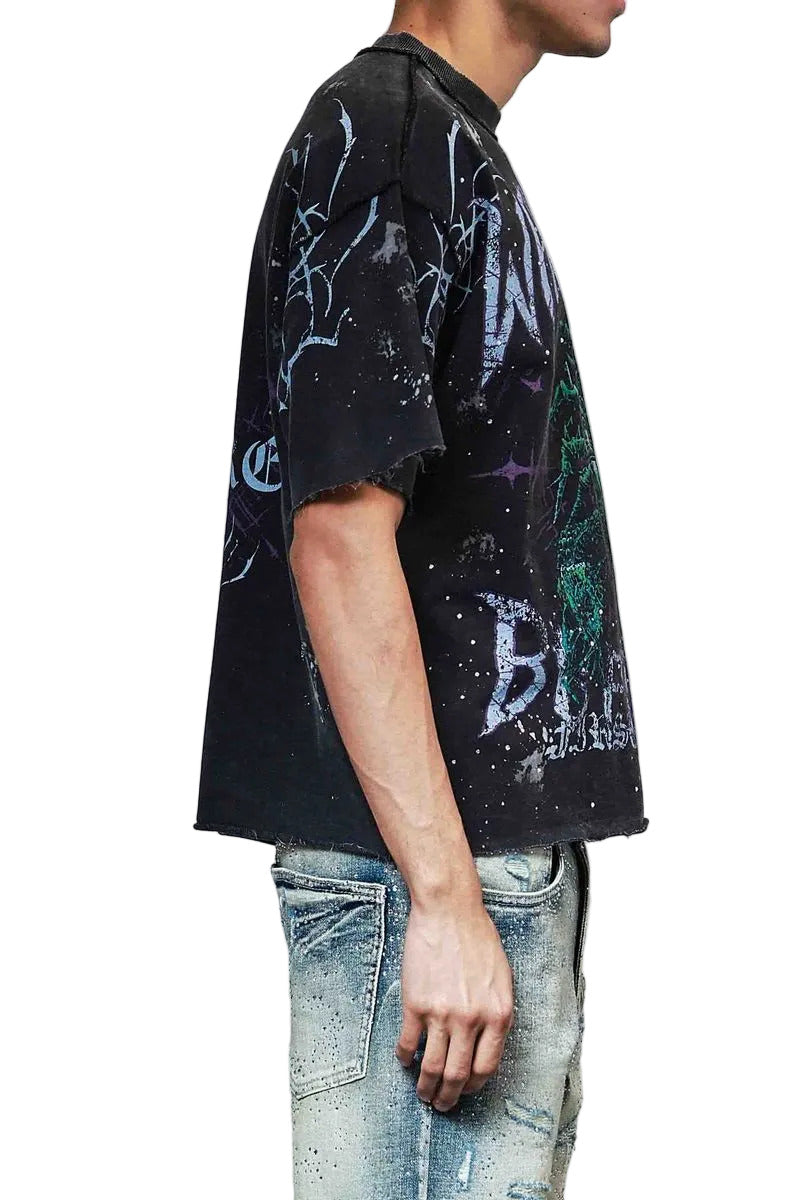 First Row 3/4 sleeve mini terry crop T-shirt with rhinestone and paint details, raw-edge hem, and ribbed neckline