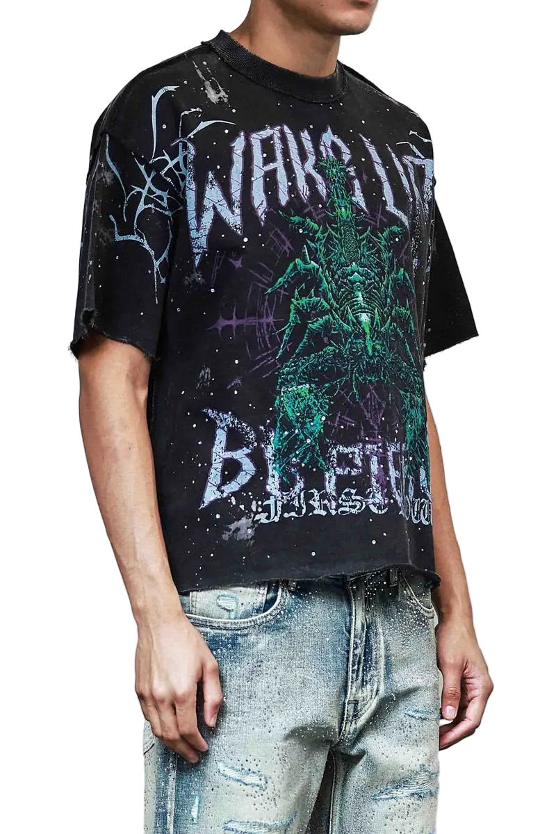 First Row 3/4 sleeve mini terry crop T-shirt with rhinestone and paint details, raw-edge hem, and ribbed neckline