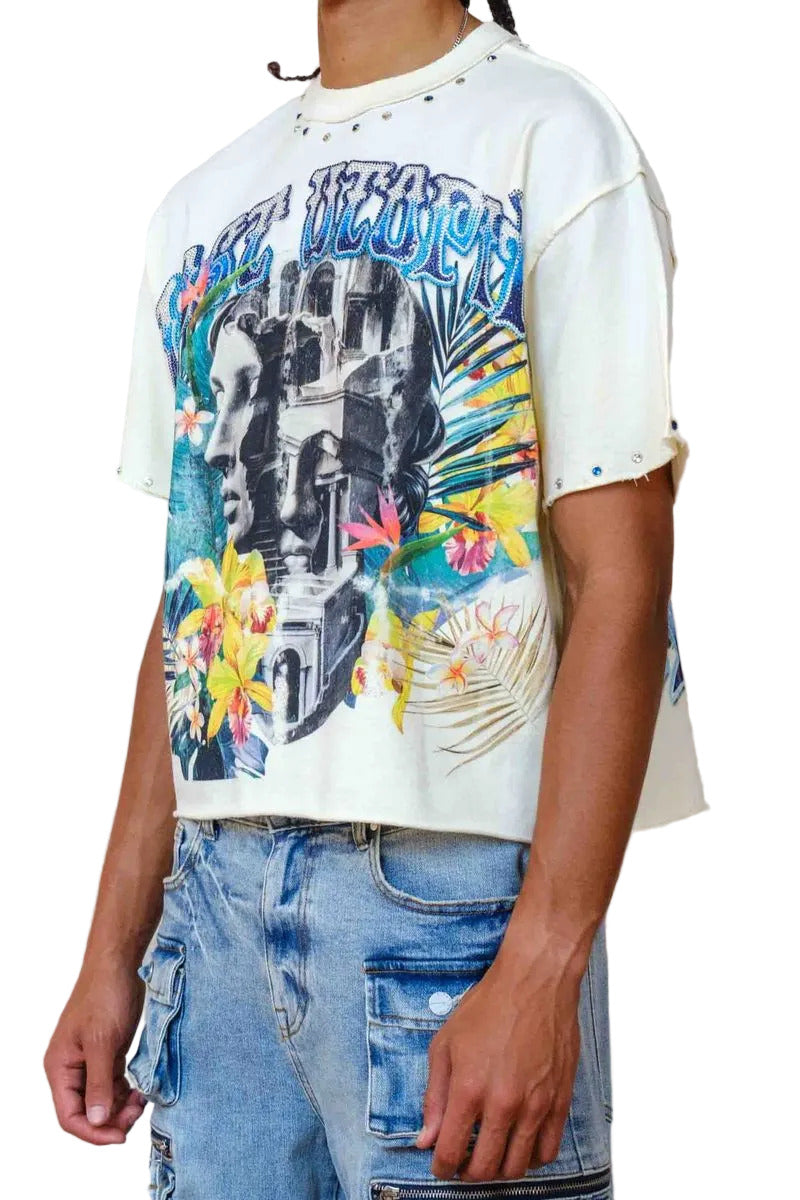 First Row FR Faded Dream cropped tee in cream mini terry fabric with rhinestone and jewel stud detailing, raw edge hem, and ribbed neck