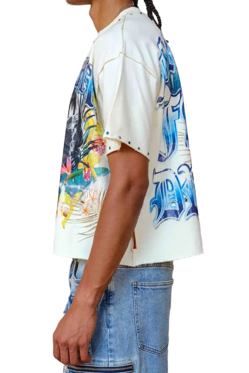 First Row FR Faded Dream cropped tee in cream mini terry fabric with rhinestone and jewel stud detailing, raw edge hem, and ribbed neck