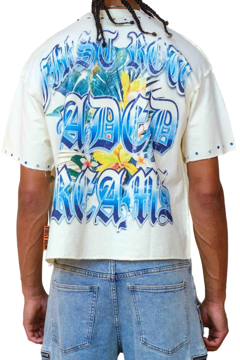 First Row FR Faded Dream cropped tee in cream mini terry fabric with rhinestone and jewel stud detailing, raw edge hem, and ribbed neck