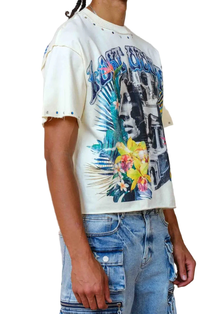 First Row FR Faded Dream cropped tee in cream mini terry fabric with rhinestone and jewel stud detailing, raw edge hem, and ribbed neck