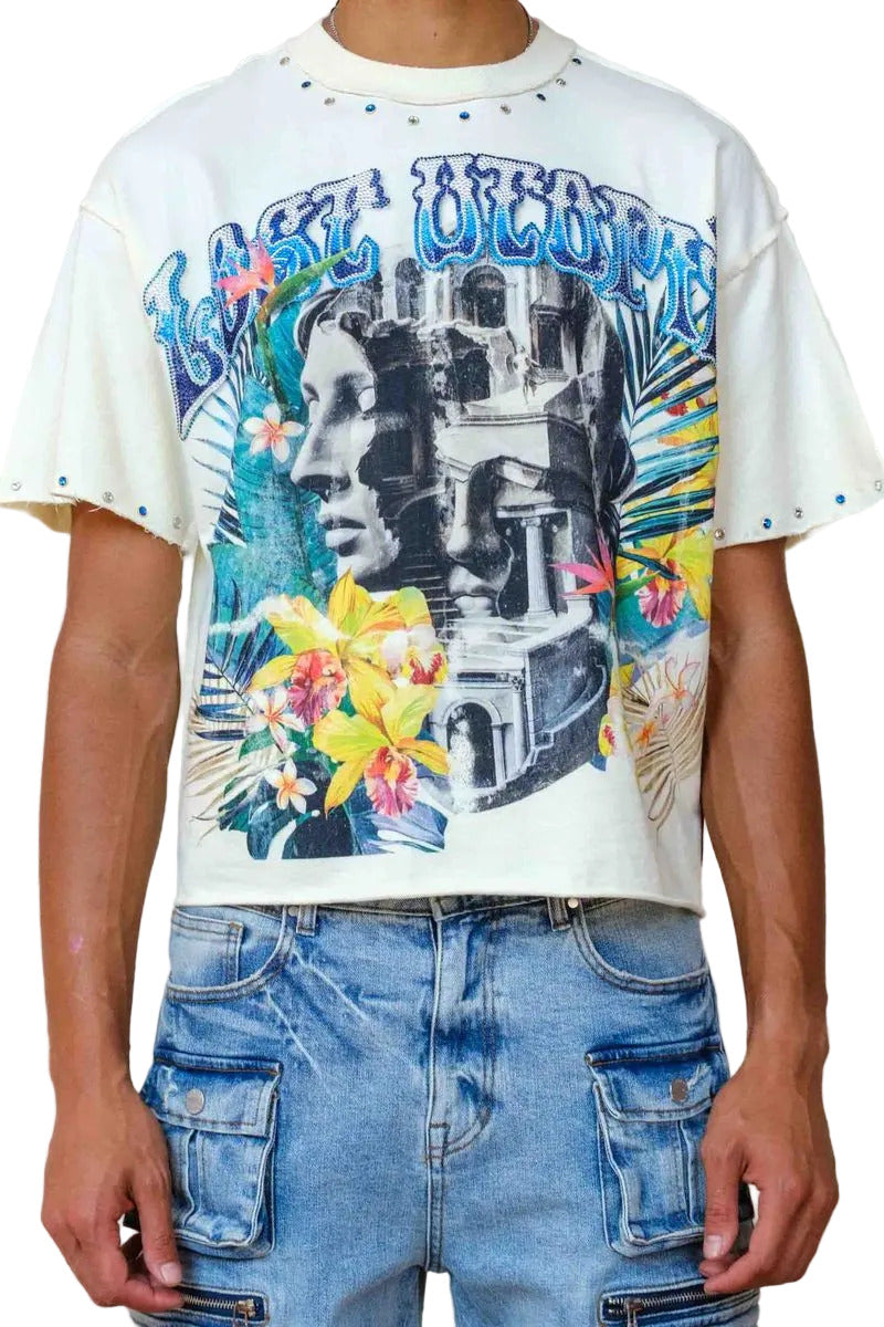 First Row FR Faded Dream cropped tee in cream mini terry fabric with rhinestone and jewel stud detailing, raw edge hem, and ribbed neck