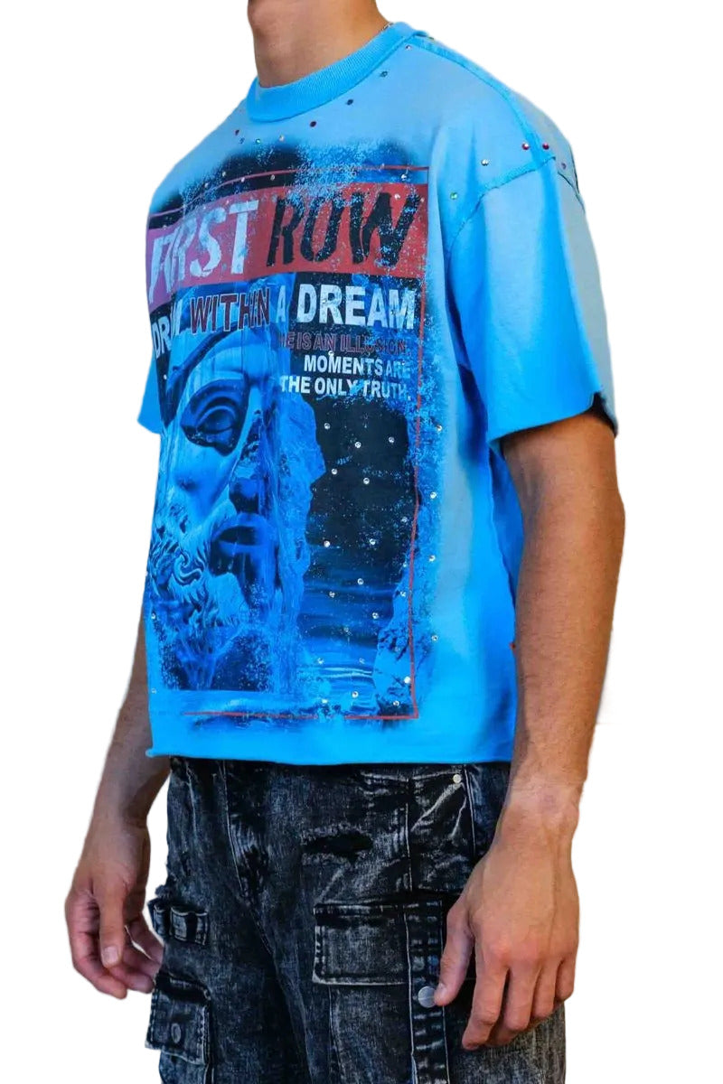 First Row Lost Utopia Ruins Dream cropped mini terry tee with rhinestone and jewel stud detailing, raw edge hem, and ribbed neck