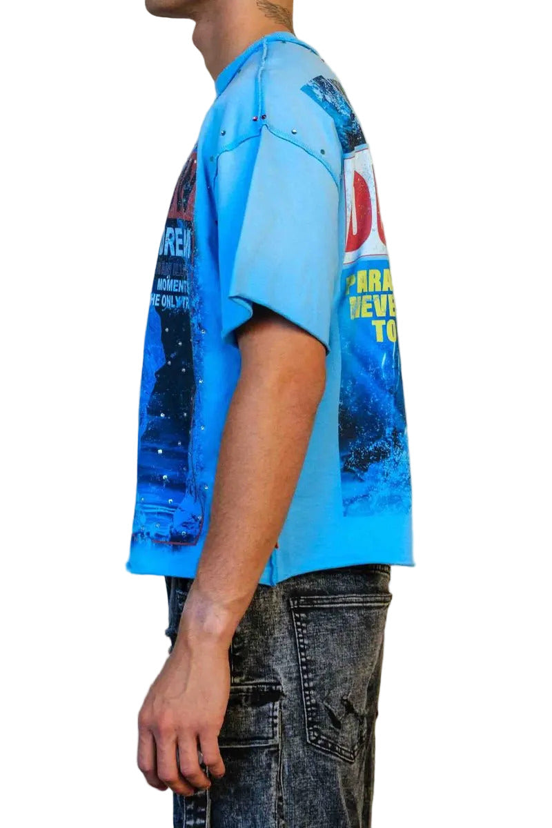First Row Lost Utopia Ruins Dream cropped mini terry tee with rhinestone and jewel stud detailing, raw edge hem, and ribbed neck