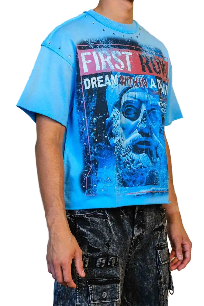 First Row Lost Utopia Ruins Dream cropped mini terry tee with rhinestone and jewel stud detailing, raw edge hem, and ribbed neck