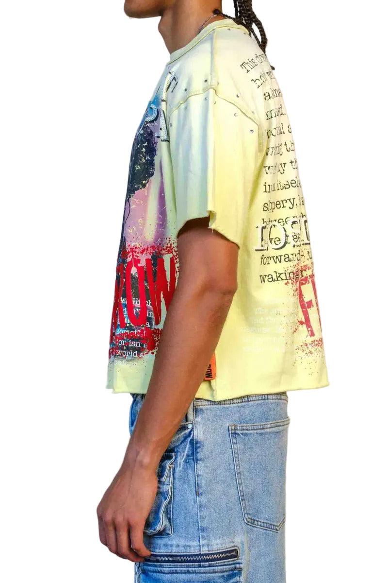 Lost Utopia Program cropped mini terry tee with rhinestone and flock detailing, raw edge hem, and ribbed neck