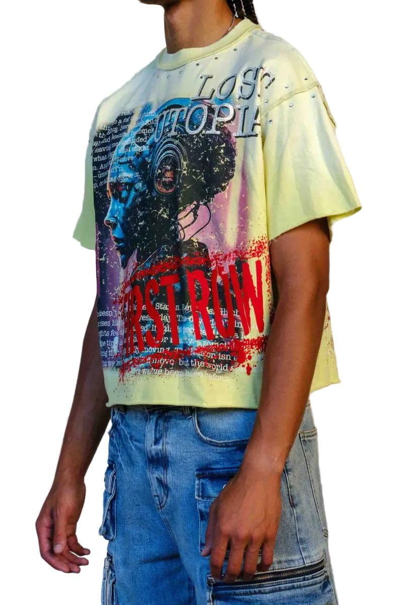Lost Utopia Program cropped mini terry tee with rhinestone and flock detailing, raw edge hem, and ribbed neck