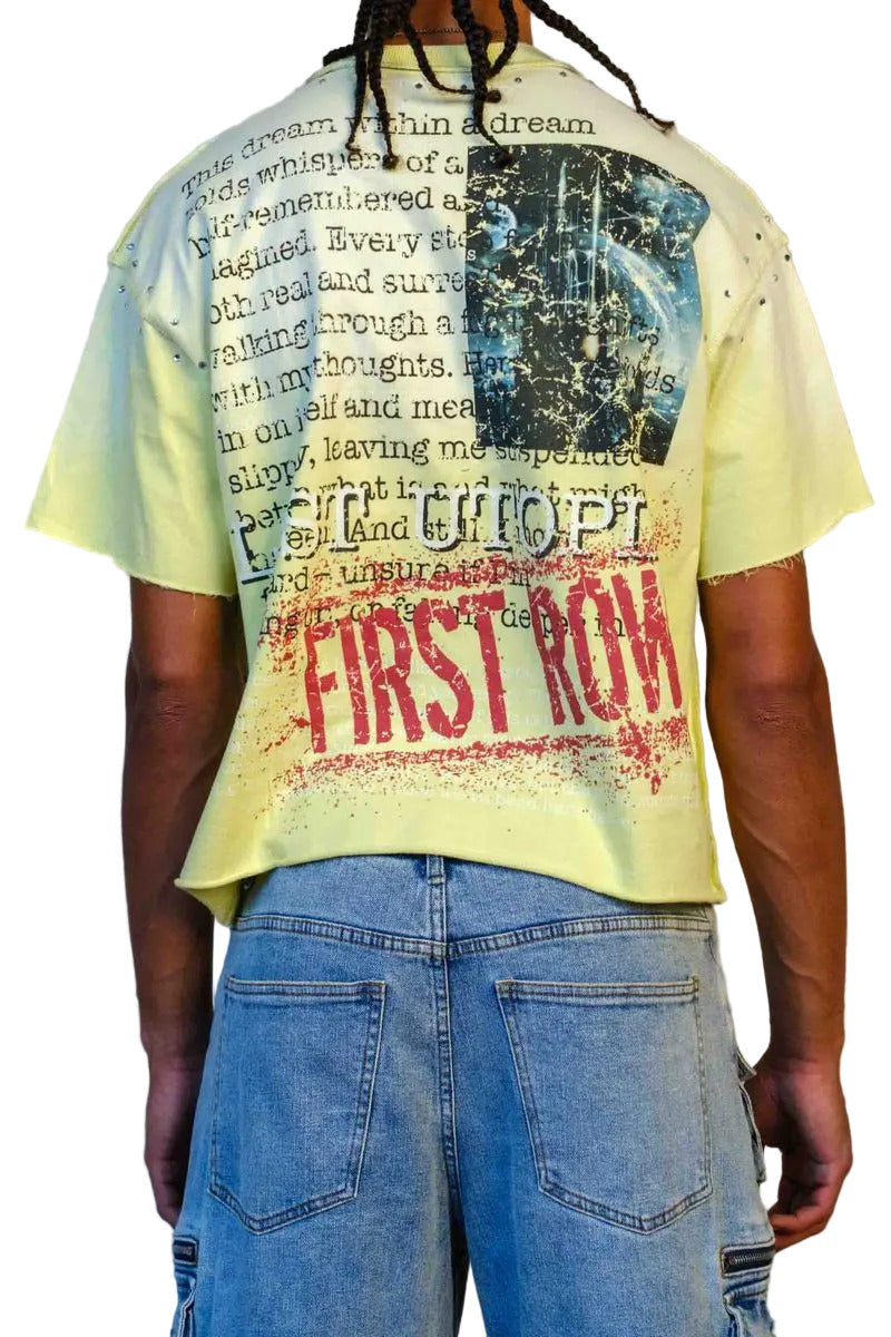 Lost Utopia Program cropped mini terry tee with rhinestone and flock detailing, raw edge hem, and ribbed neck