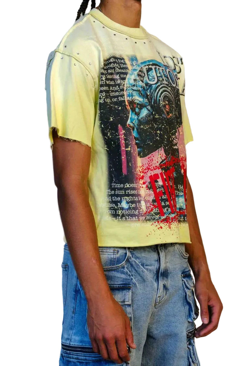 Lost Utopia Program cropped mini terry tee with rhinestone and flock detailing, raw edge hem, and ribbed neck