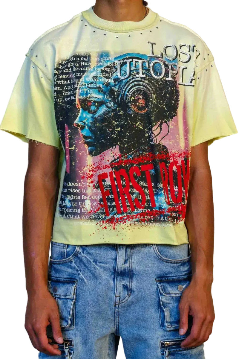 Lost Utopia Program cropped mini terry tee with rhinestone and flock detailing, raw edge hem, and ribbed neck