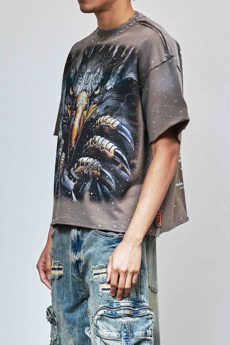 First Row New Paradigm Trust Talon cropped mini terry t-shirt with rhinestone detailing, raw-edge hem, and ribbed neck