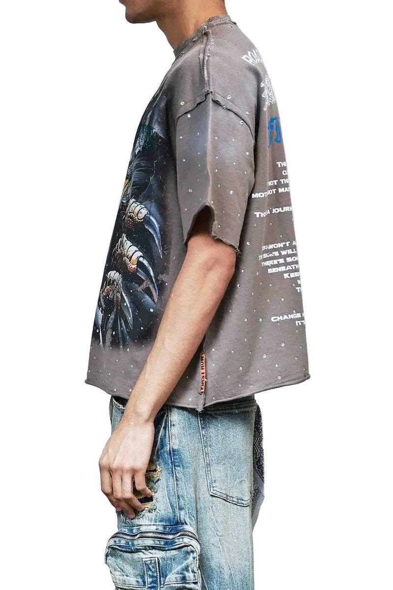 First Row New Paradigm Trust Talon cropped mini terry t-shirt with rhinestone detailing, raw-edge hem, and ribbed neck