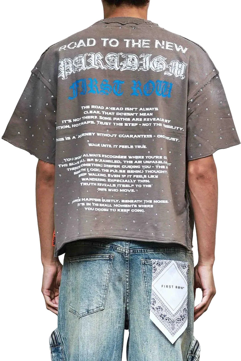 First Row New Paradigm Trust Talon cropped mini terry t-shirt with rhinestone detailing, raw-edge hem, and ribbed neck