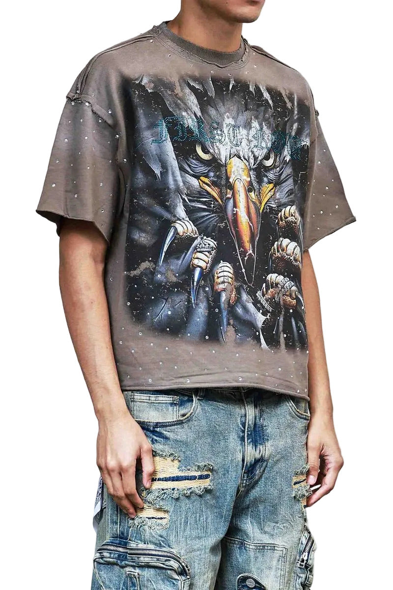 First Row New Paradigm Trust Talon cropped mini terry t-shirt with rhinestone detailing, raw-edge hem, and ribbed neck