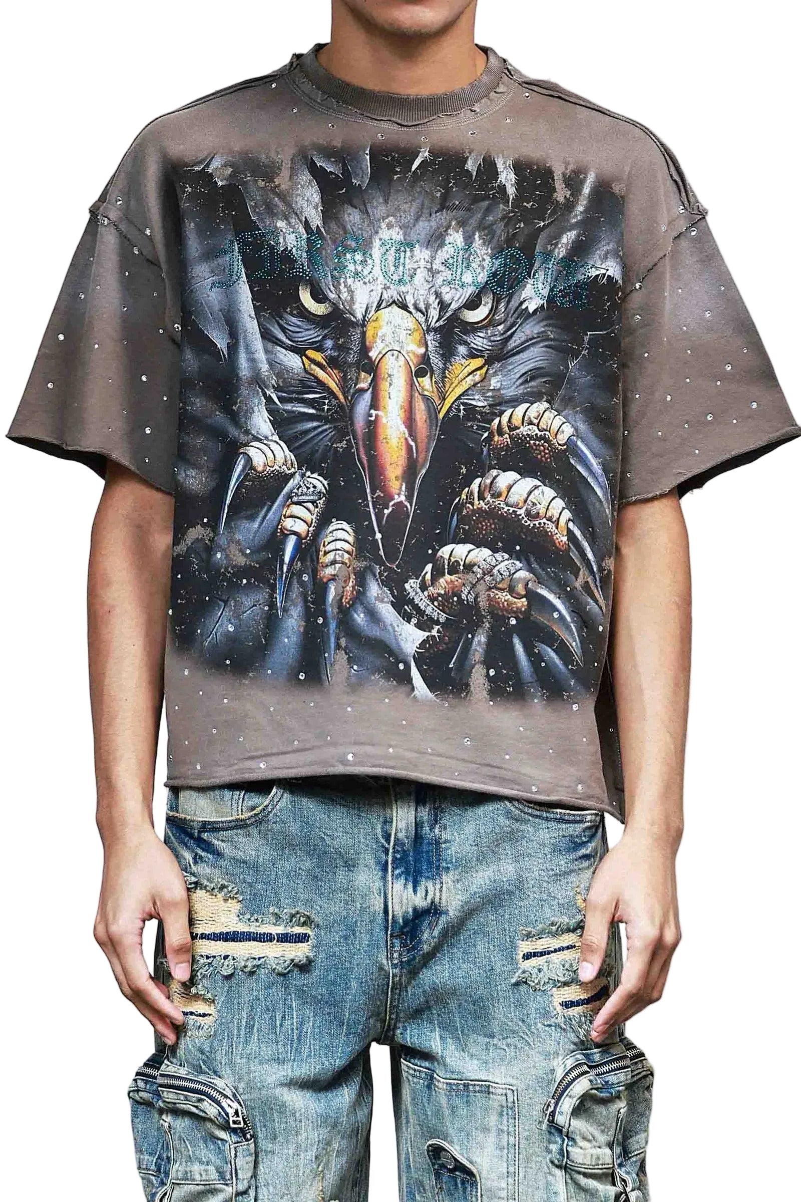 First Row New Paradigm Trust Talon cropped mini terry t-shirt with rhinestone detailing, raw-edge hem, and ribbed neck