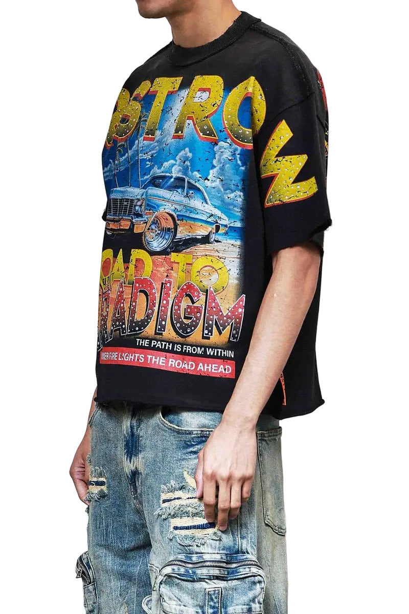 First Row New Paradigm Driving High cropped mini terry t-shirt with rhinestone detailing, raw-edge hem, and ribbed neck