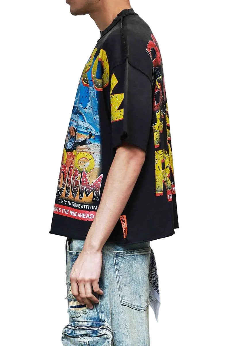 First Row New Paradigm Driving High cropped mini terry t-shirt with rhinestone detailing, raw-edge hem, and ribbed neck